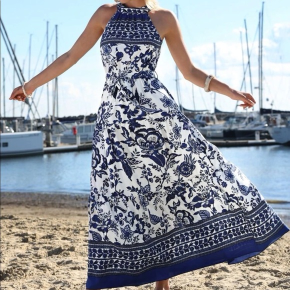 Boho Floral Print Belted Halter Maxi Dress - Picture 5 of 8